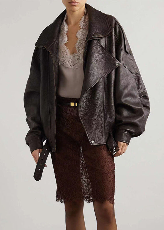 Sarah | Women’s Belted Oversized Leather Bomber Jacket