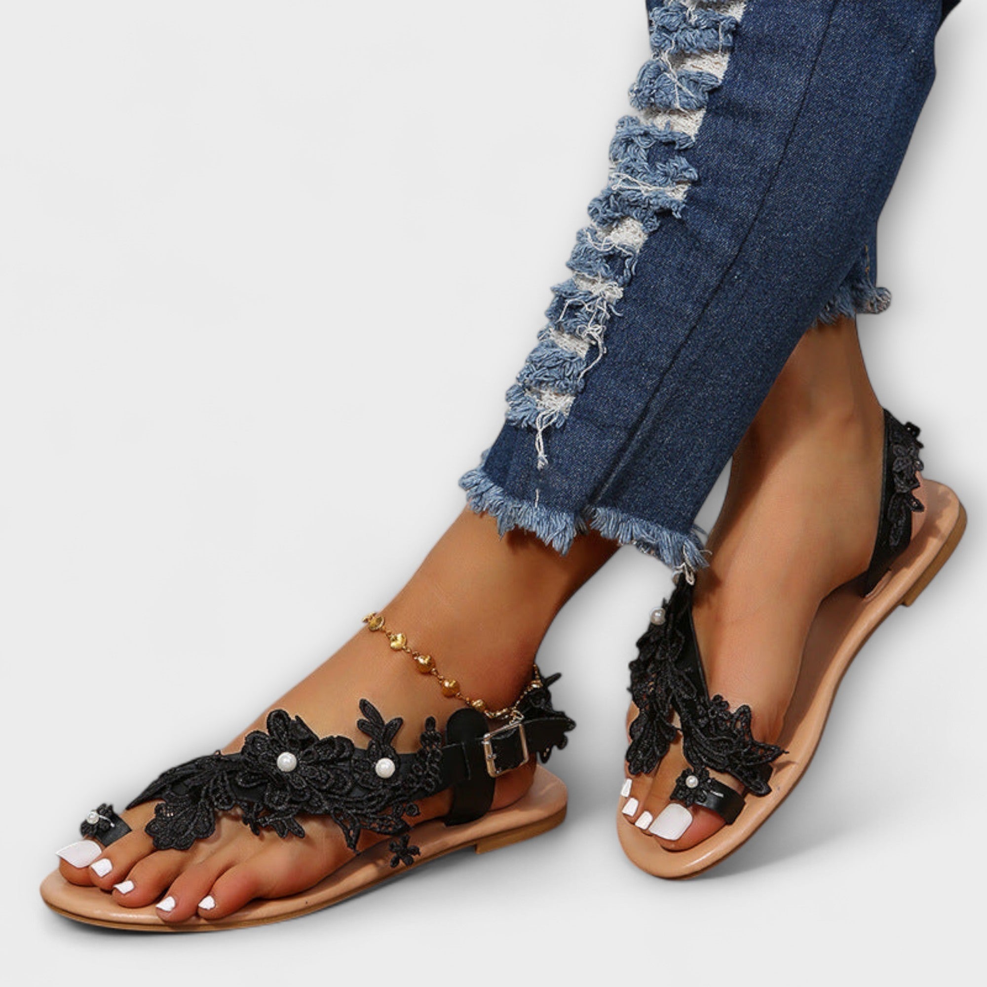 Boho - Comfortable sandals with flowers & ankle strap