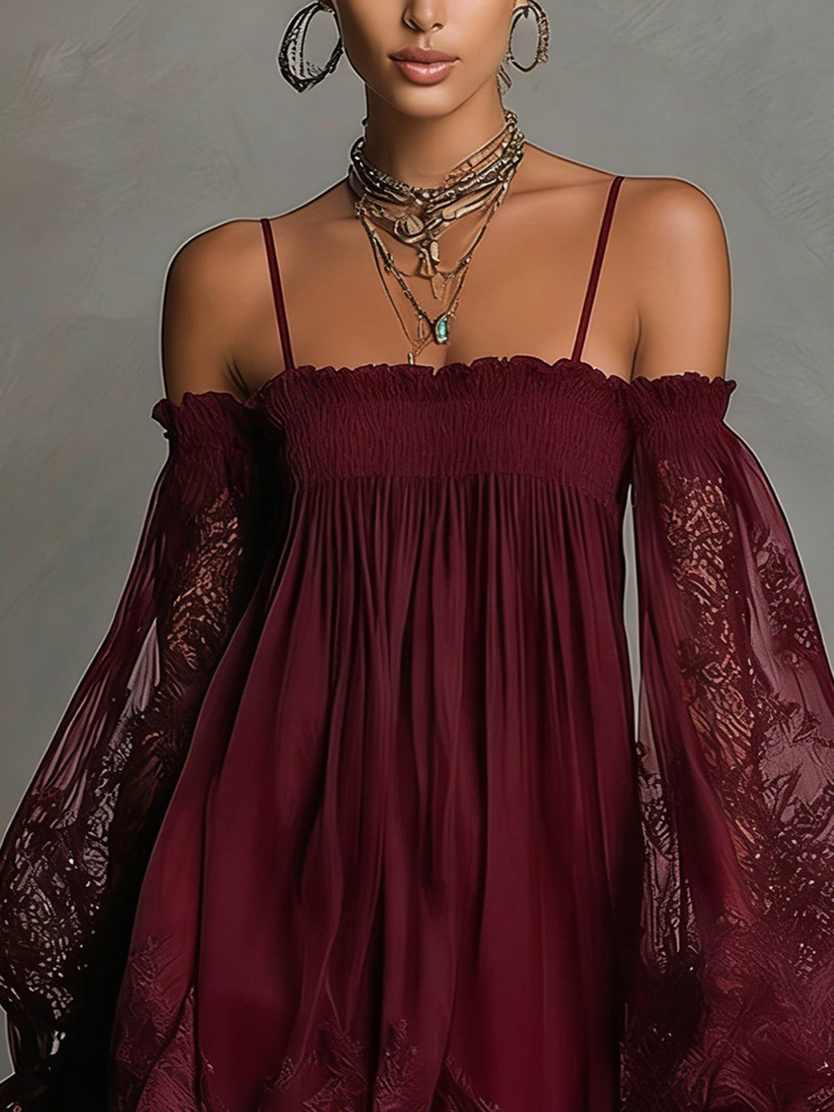Noemi - Marineblå chiffon-minikjole med off-shoulder-udskæring, blondekant og gennemsigtige ærmer
