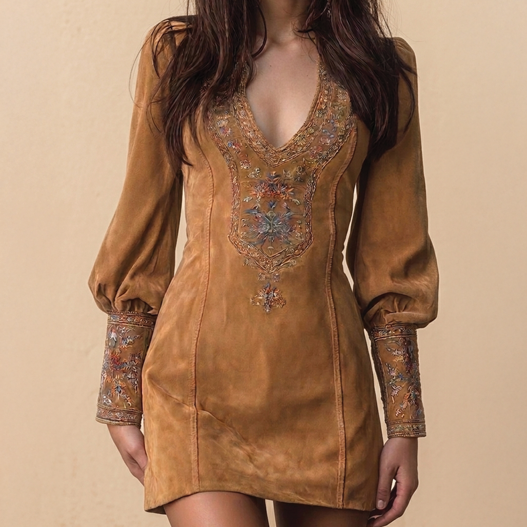 Belisse - Embroidered V-Neck Mini Dress