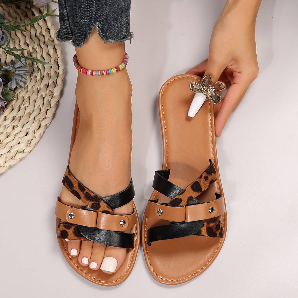 Leopard cross strap sandals
