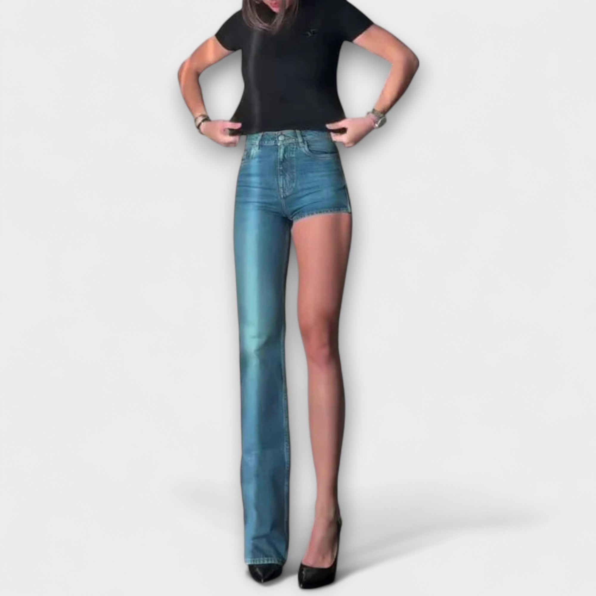 Astra - Trendy asymmetrical denim shorts with one shoulder strap