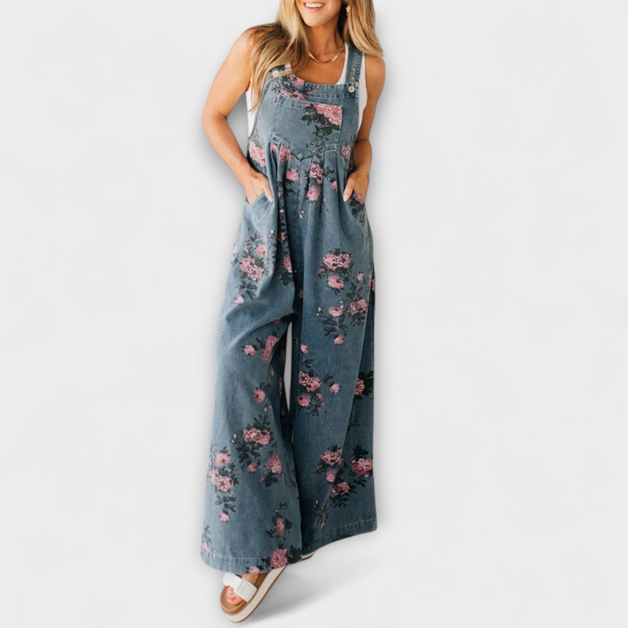 Bethany - Wide denim dungarees with floral pattern