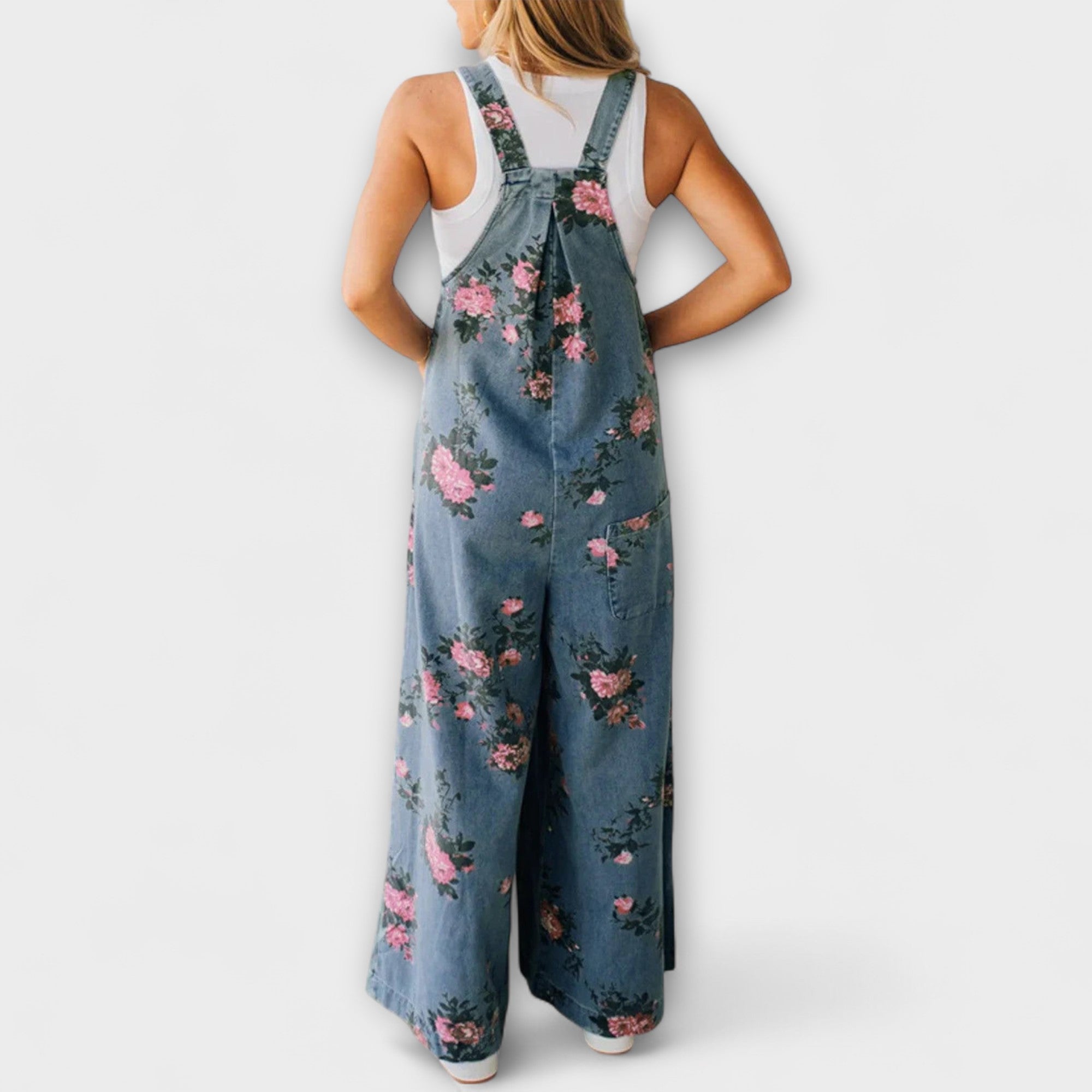Bethany - Wide denim dungarees with floral pattern