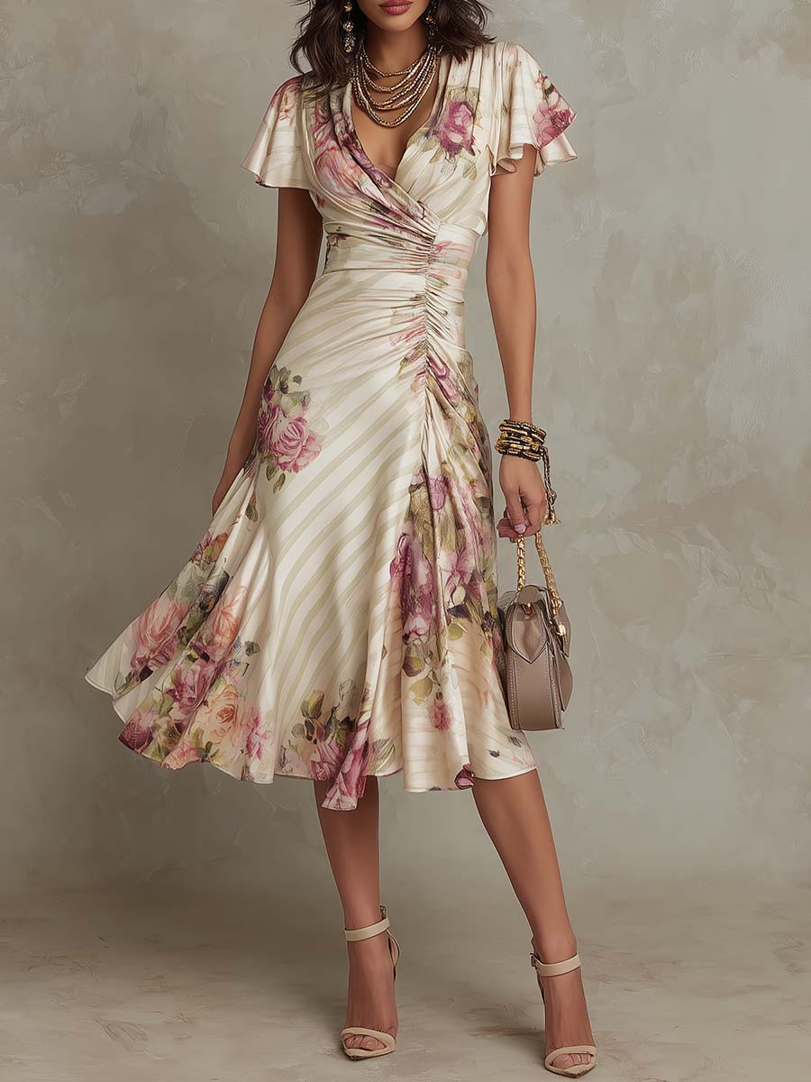 Alba - Elegant Retro Floral Satin Midi Dress
