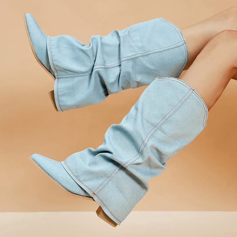 Kira - Denim Knee-High Boots