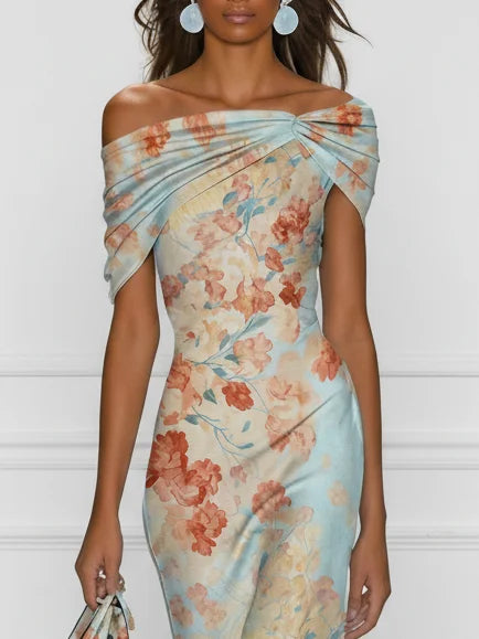 Vittoria - Ærmeløs Midi Havfruekjole med Off-Shoulder og Blåt Blomstermønster