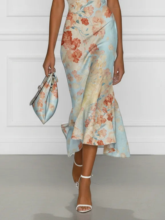Vittoria - Ærmeløs Midi Havfruekjole med Off-Shoulder og Blåt Blomstermønster