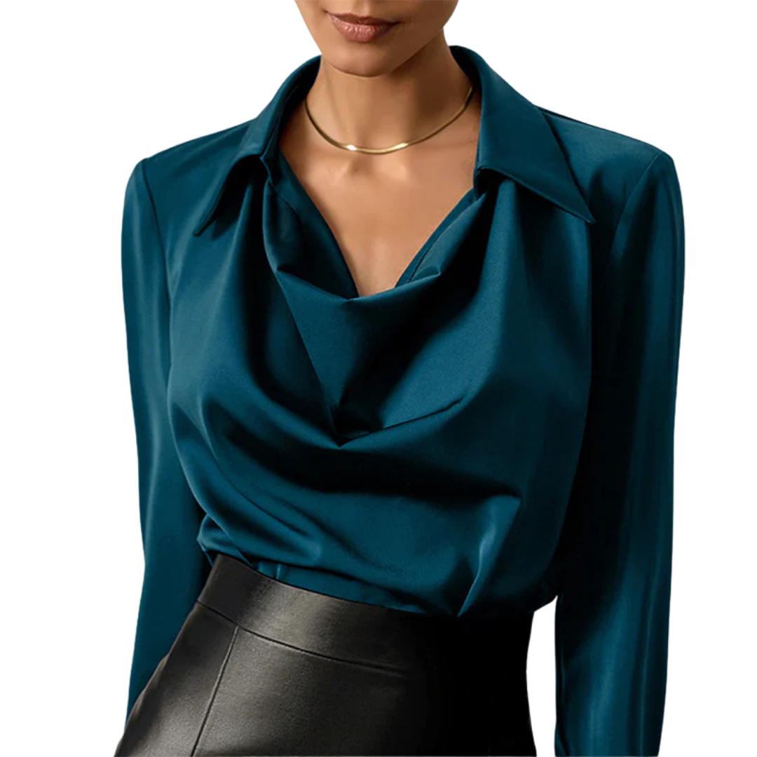 Samantha | Women’s Drape Neck Long Sleeve Satin Blouses