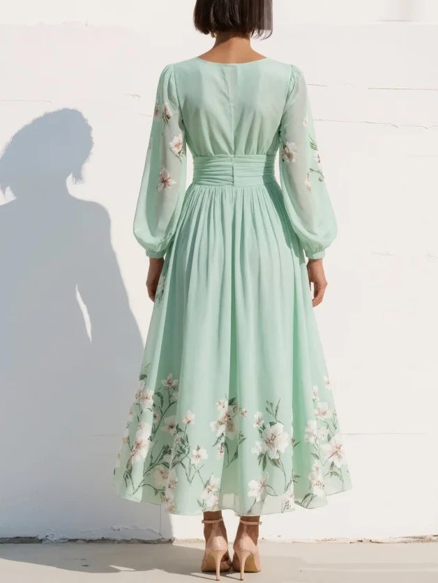 Mintgrøn chiffonplisseret maxikjole med blomsterprint til kvinder