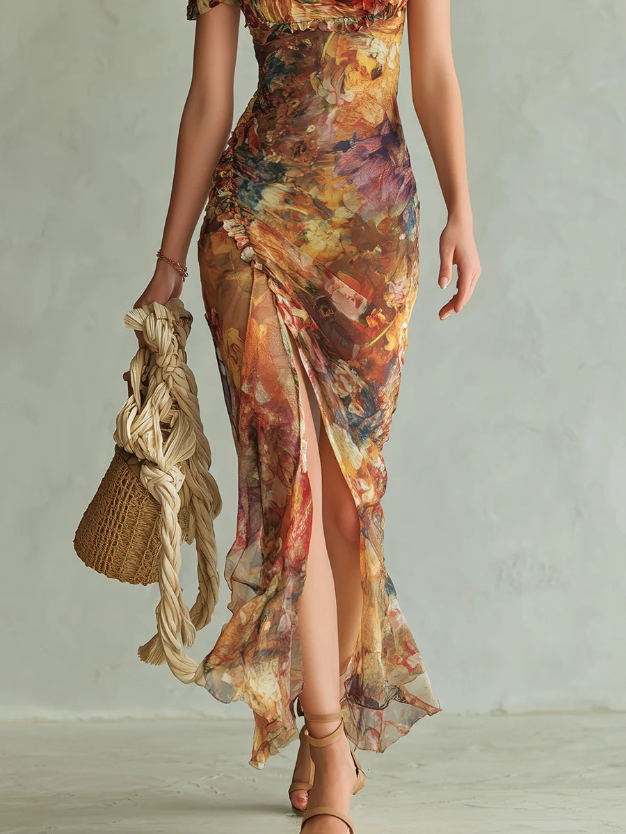 Viola - Lang orange chiffonkjole med boheme-oliemaleri-print