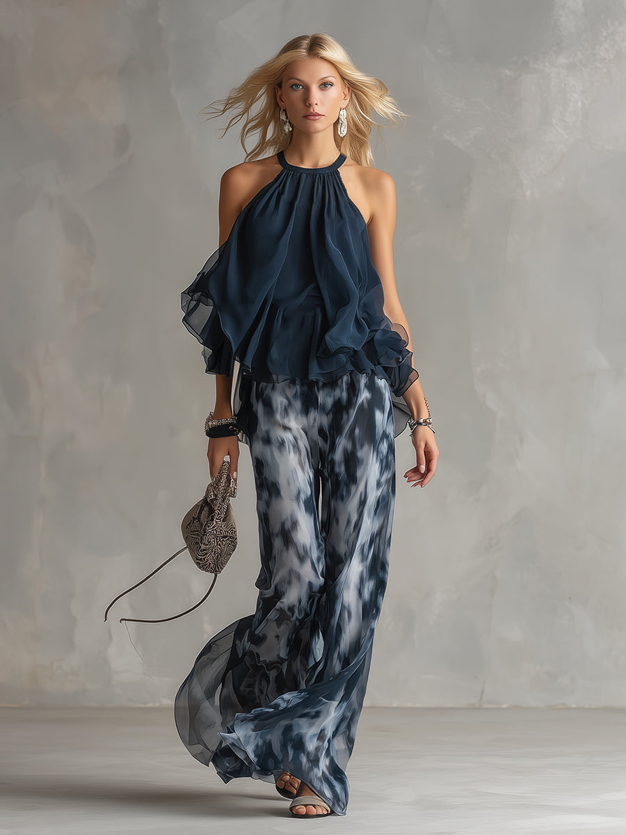 Ludovica - elegant i chiffon med højhalset top og vide printede bukser
