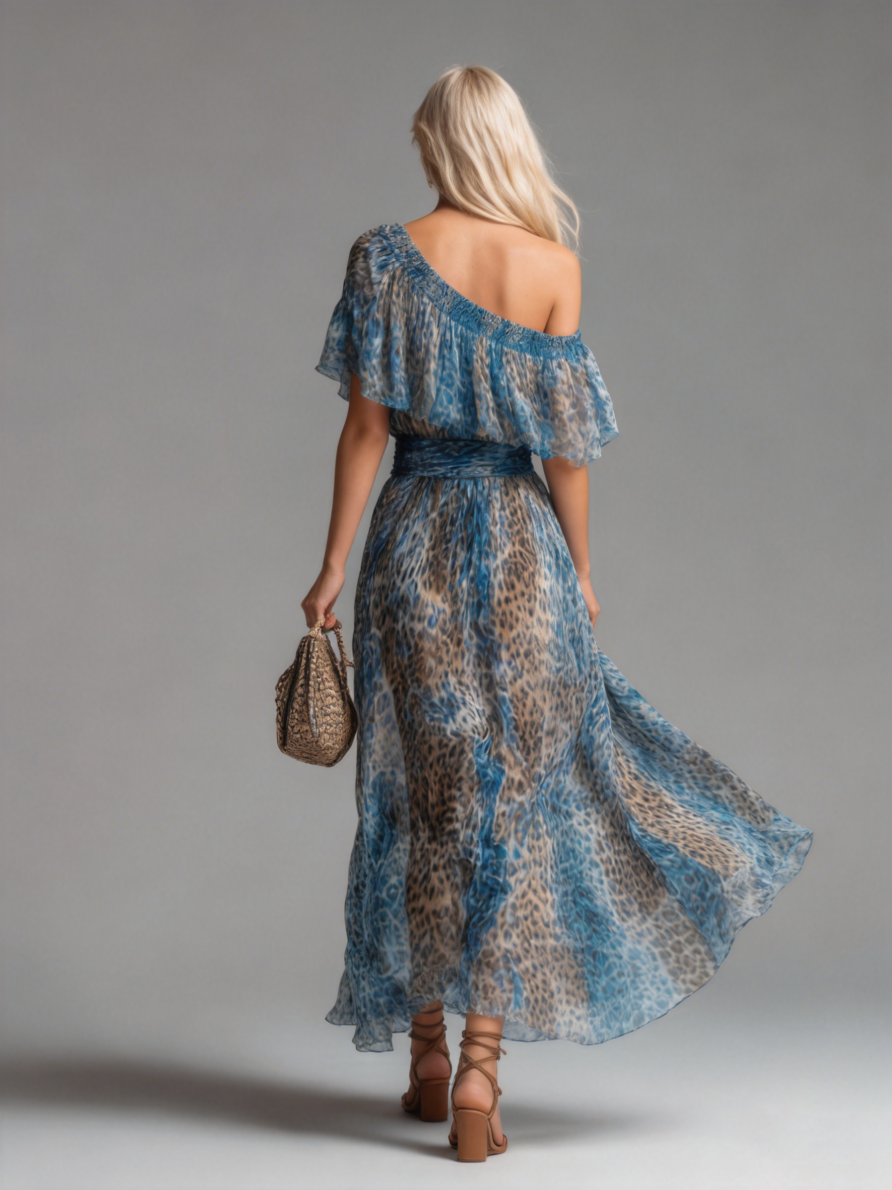 Wild - Lang chiffonkjole med leopardprint og bare skuldre