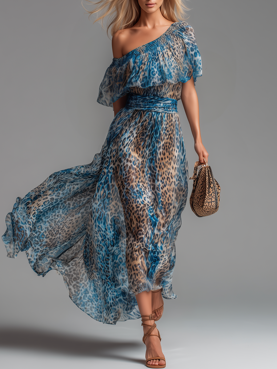 Wild - Lang chiffonkjole med leopardprint og bare skuldre