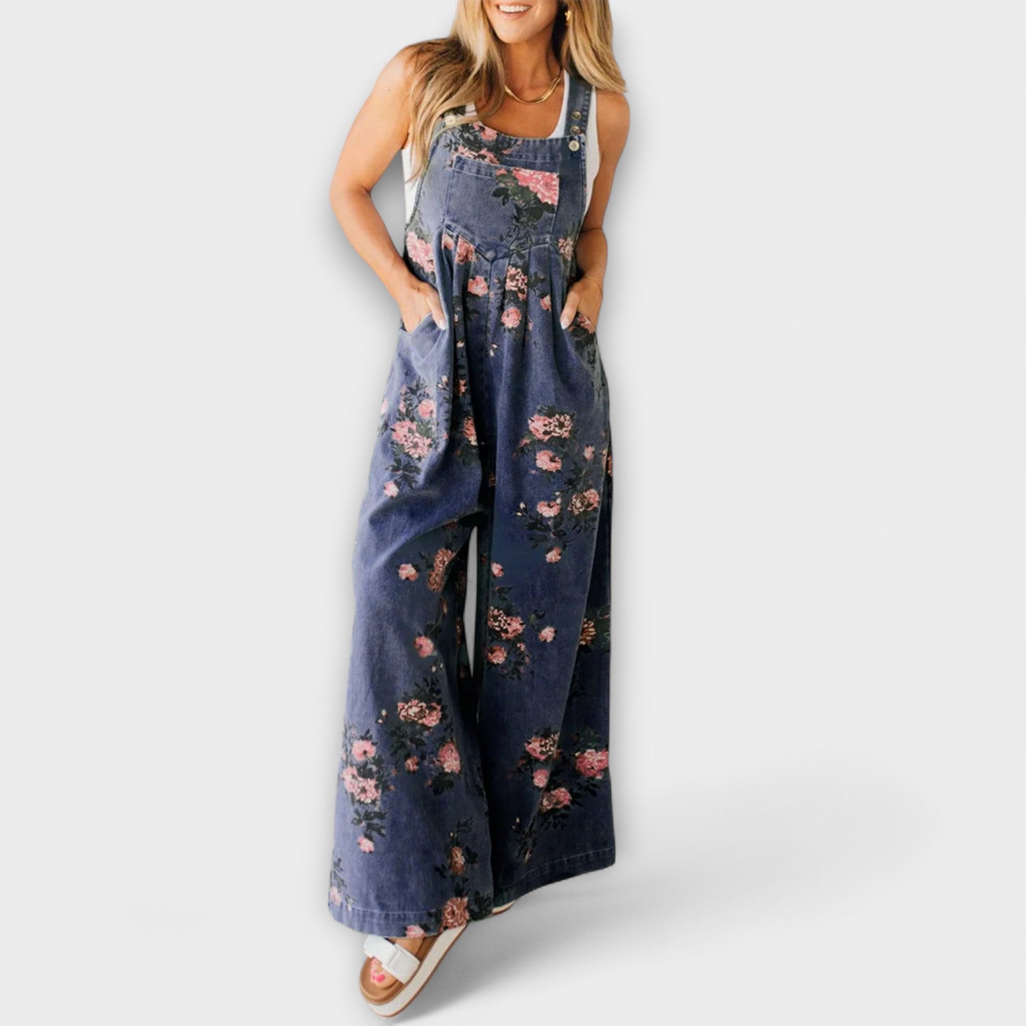 Bethany - Wide denim dungarees with floral pattern
