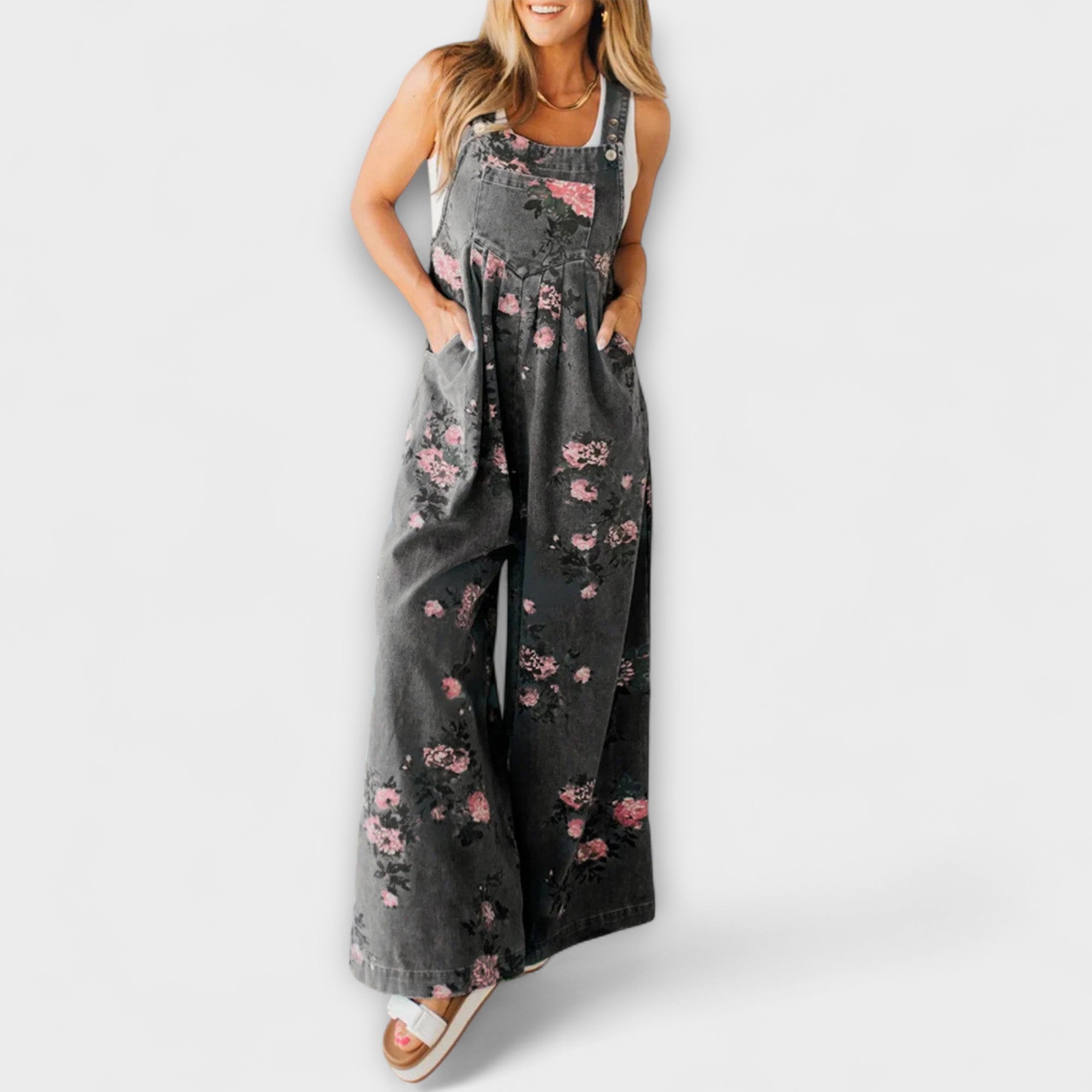 Bethany - Wide denim dungarees with floral pattern