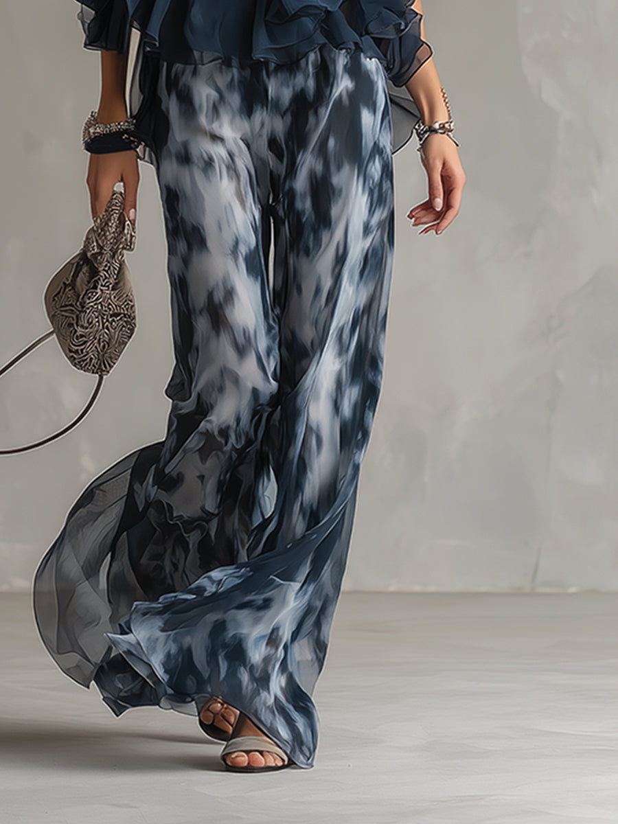 Ludovica - elegant i chiffon med højhalset top og vide printede bukser