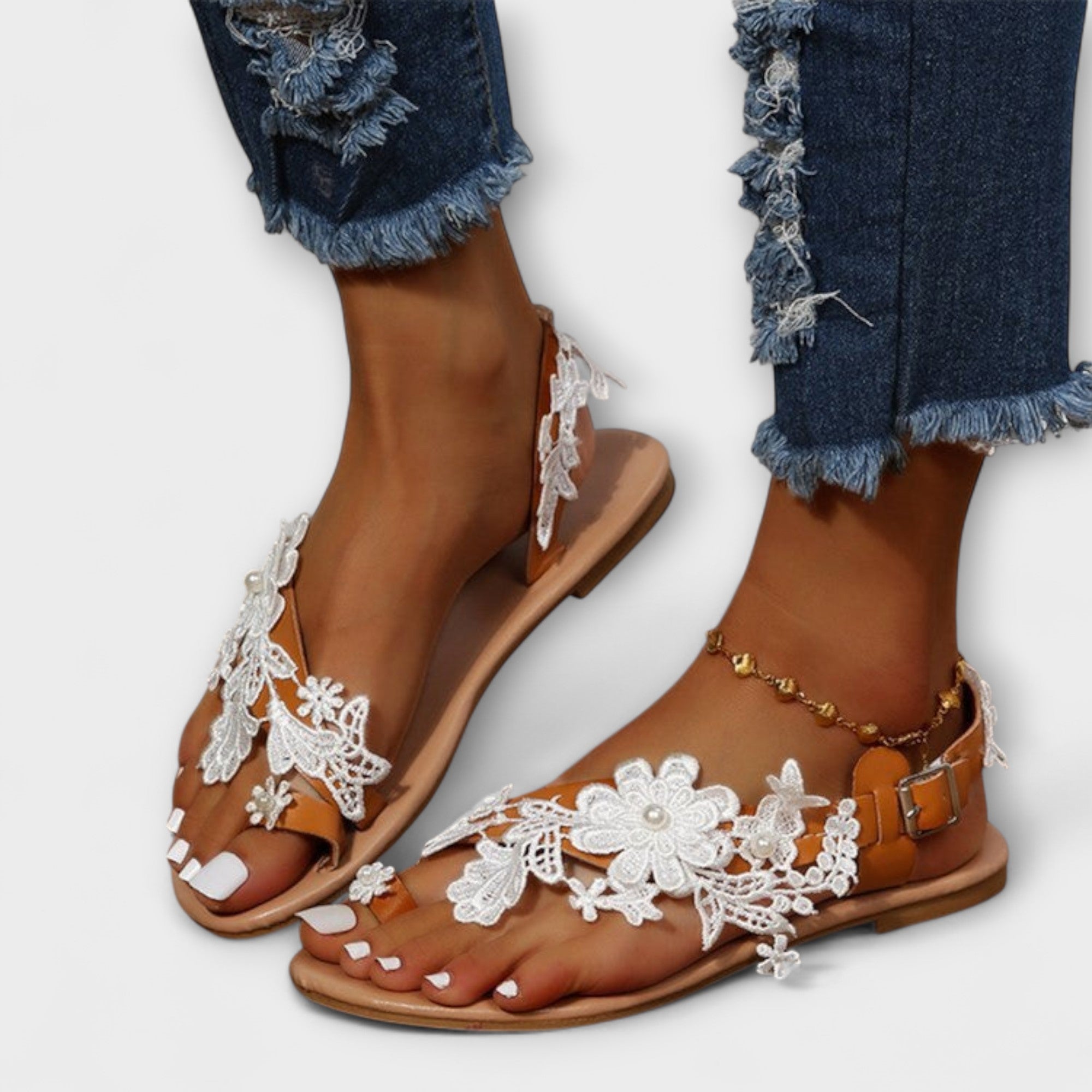 Boho - Comfortable sandals with flowers & ankle strap