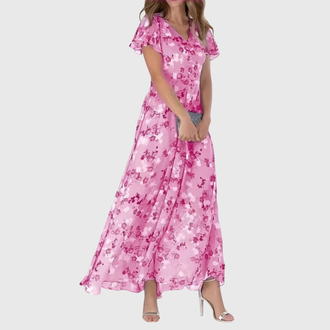 Elegante Vestido Largo para Mujer Estampado-Floral Escote-En-V Fluido — Azul