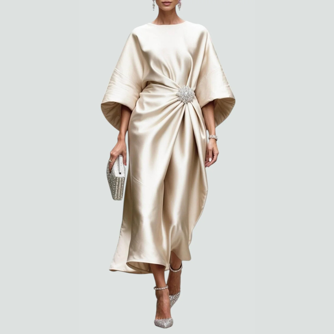Elegante Vestido Midi para Mujer Drapeado Manga-Murciélago Fluido
