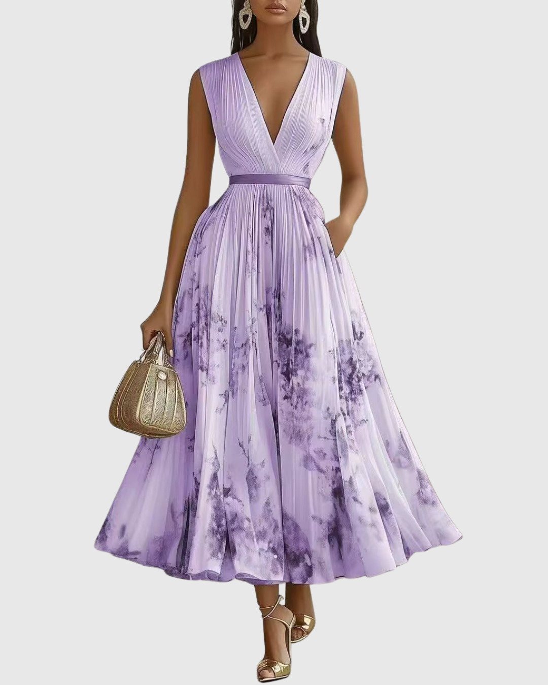 Elegante Vestido Midi para Mujer Sin-Mangas Plisado Estampado-Floral