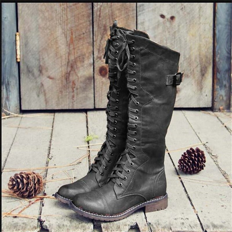 Elegantes Botas Altas para Mujer Estilo-Ecuestre Con-Cordones Suela-Robusta