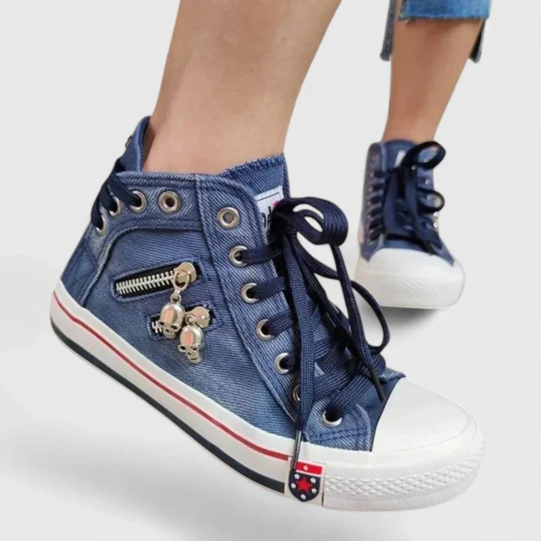 Estilosas Zapatillas para Mujer Caña-Alta Efecto-Denim Con-Cordones