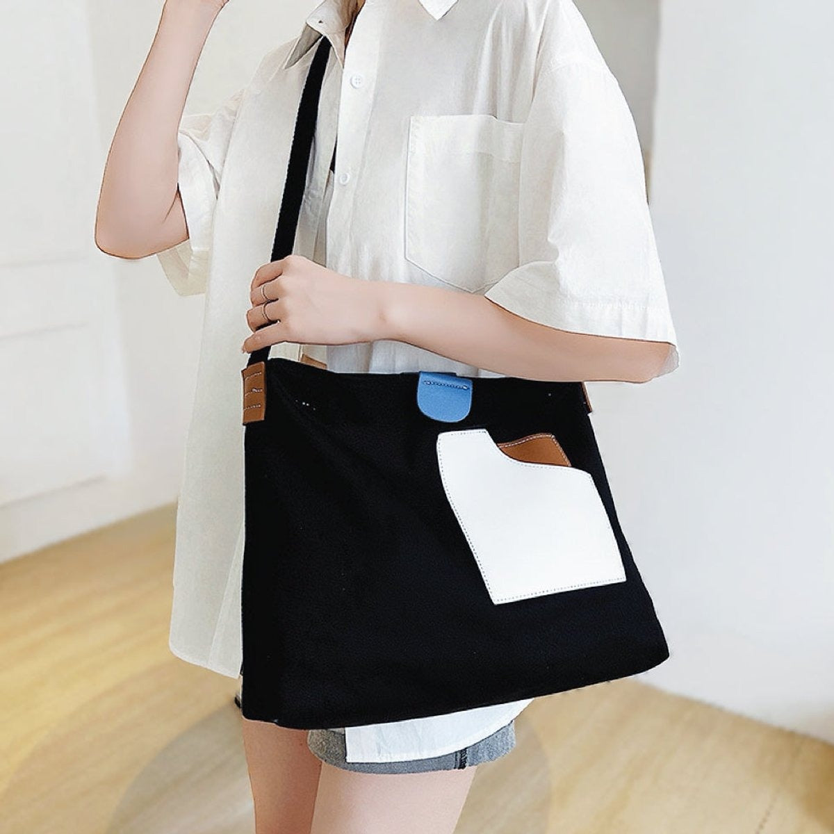 Estiloso Bolso Tote para Mujer de Lona Bloques-de-Color Con-Bandolera