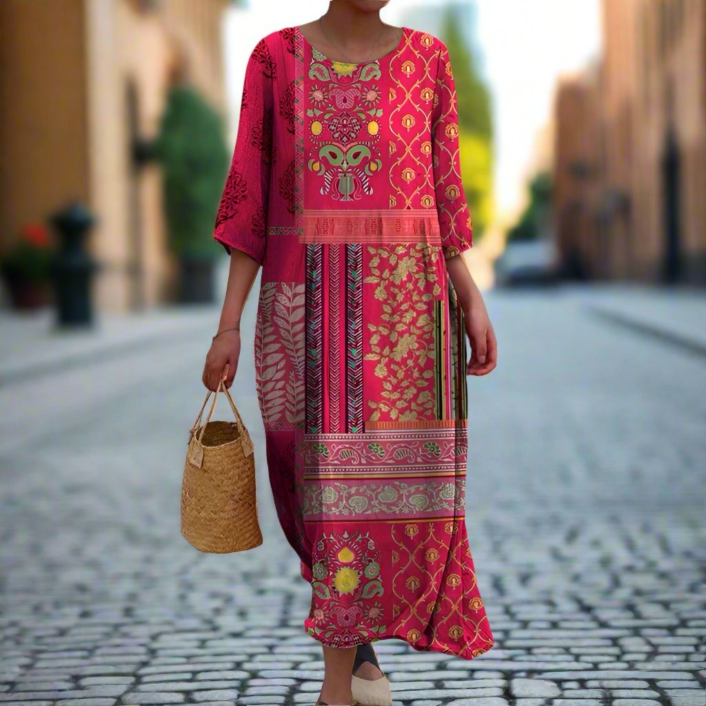 Estiloso Vestido Largo para Mujer Estampado-Étnico Estilo-Boho Corte-Fluido