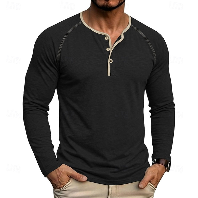 Clásica Camiseta Henley para Hombre Manga-Larga Con-Botones Manga-Raglán