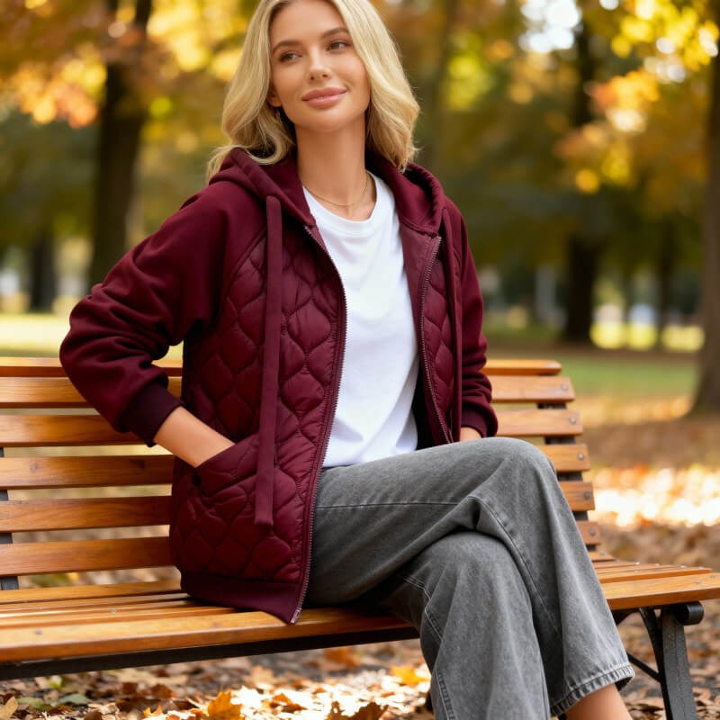 Rhoswen - Chaqueta con capucha de felpa acolchada