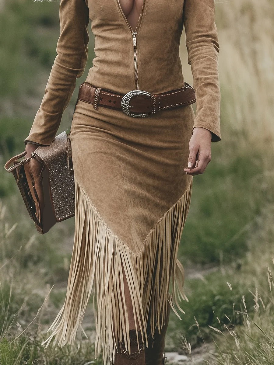 Bellara - Western Suede Fringe Midikjole