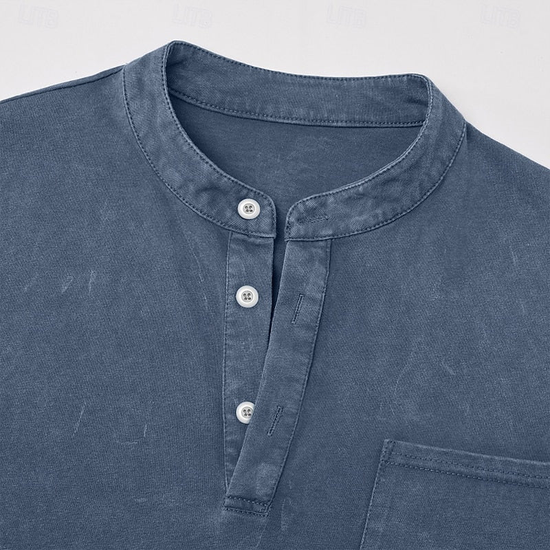 Estilosa Camiseta Henley para Hombre Manga-Larga Con-Bolsillo Lavado-Vintage