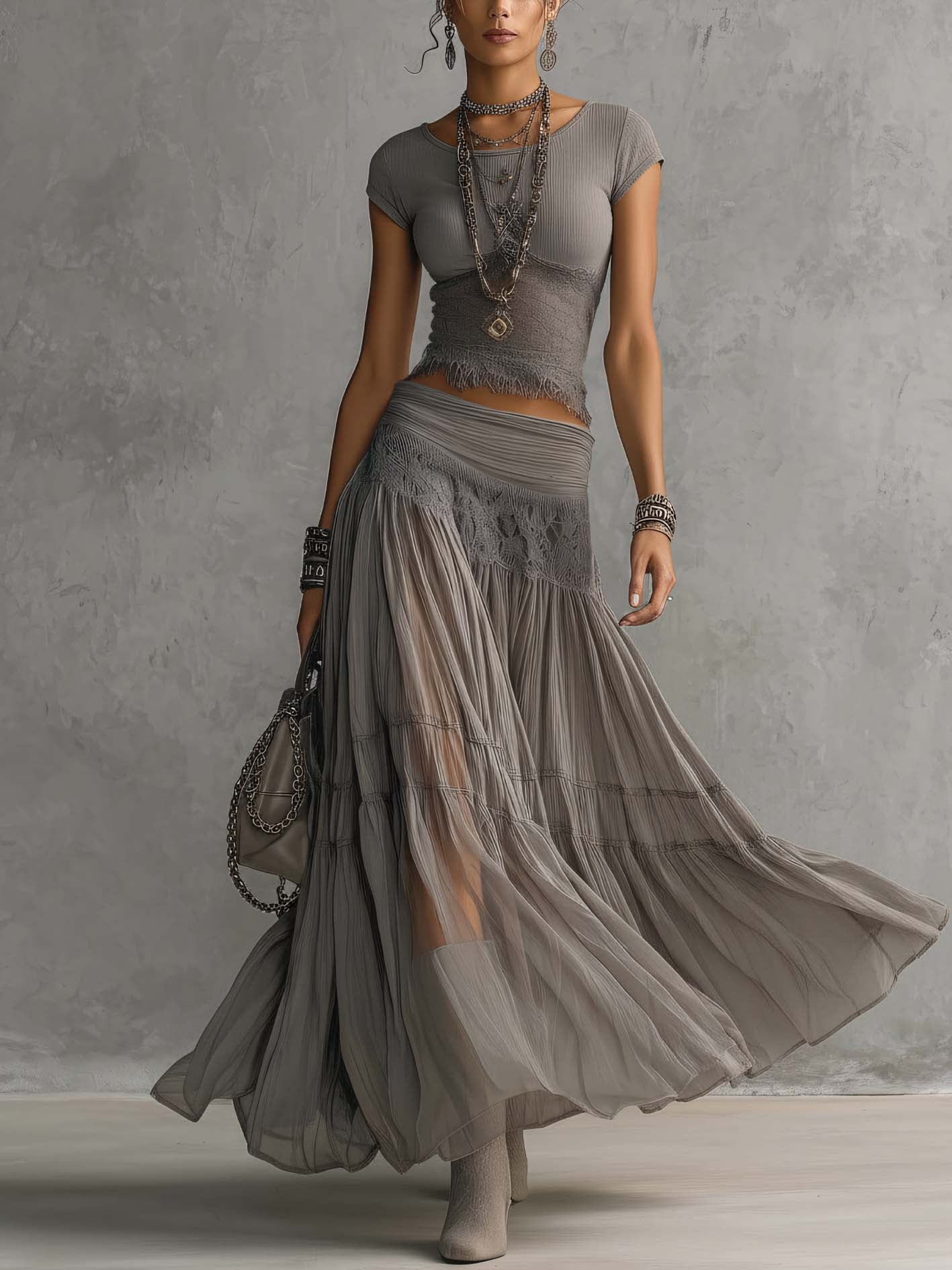 Alba - Complete with gray top featuring lace panels and long pleated skirt