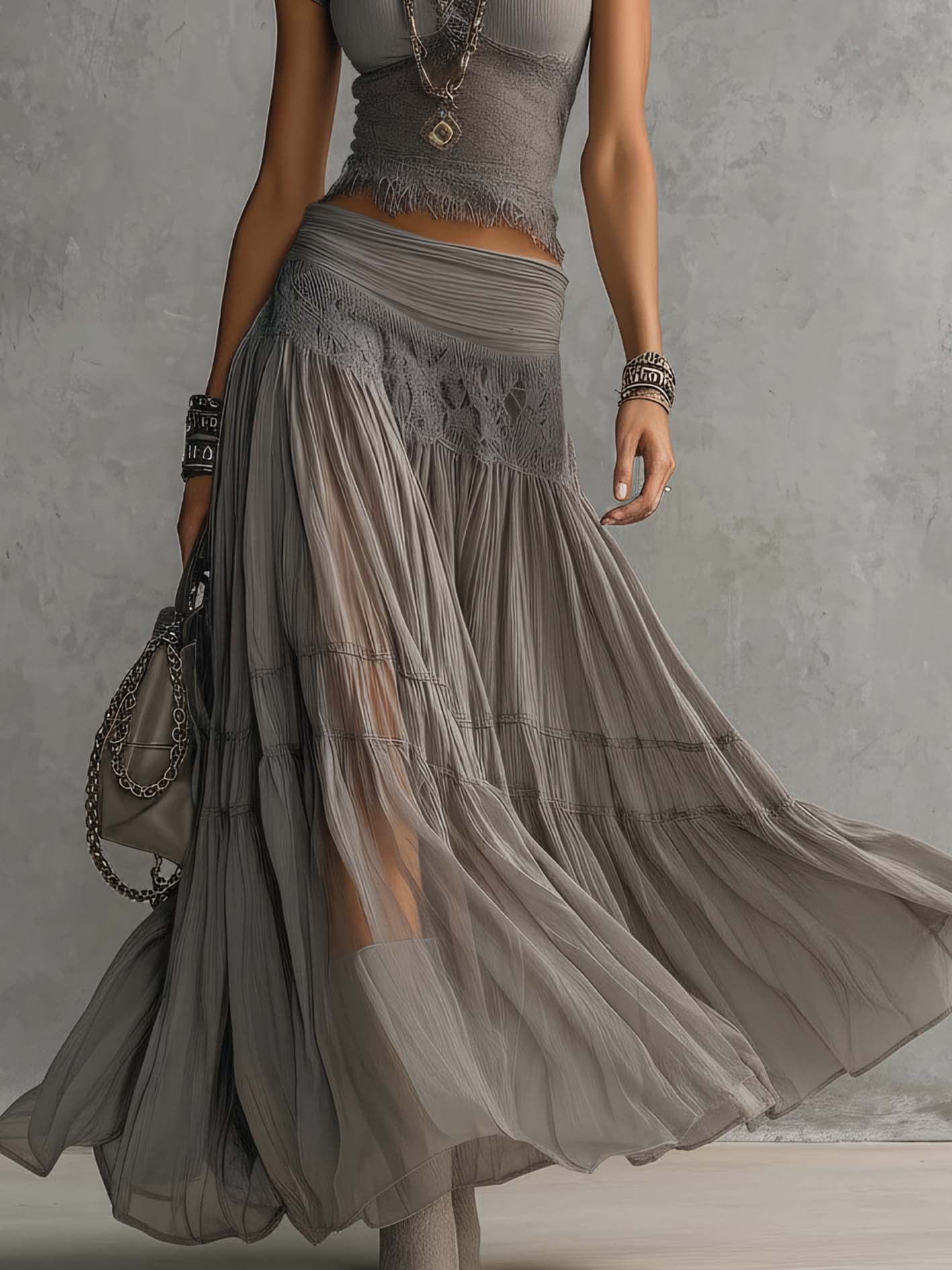 Alba - Complete with gray top featuring lace panels and long pleated skirt