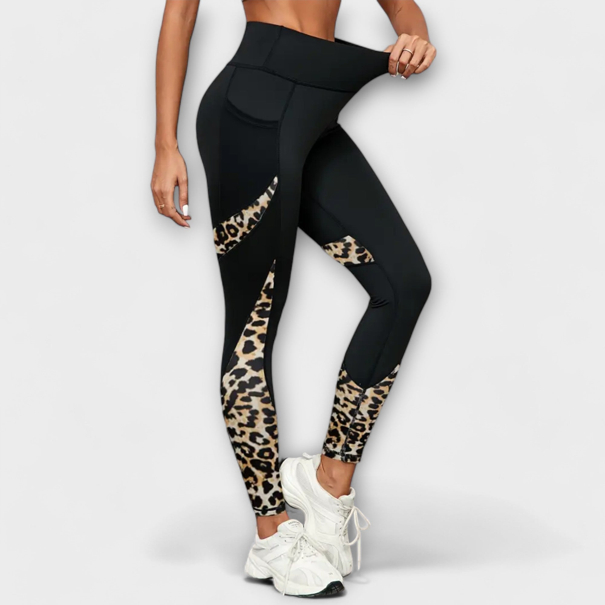 High-waisted track pants with leopard print