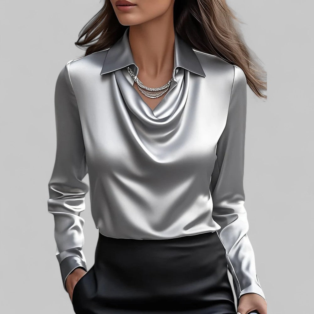 Rose | Women’s Draped Neck Long Sleeve Satin Blouses