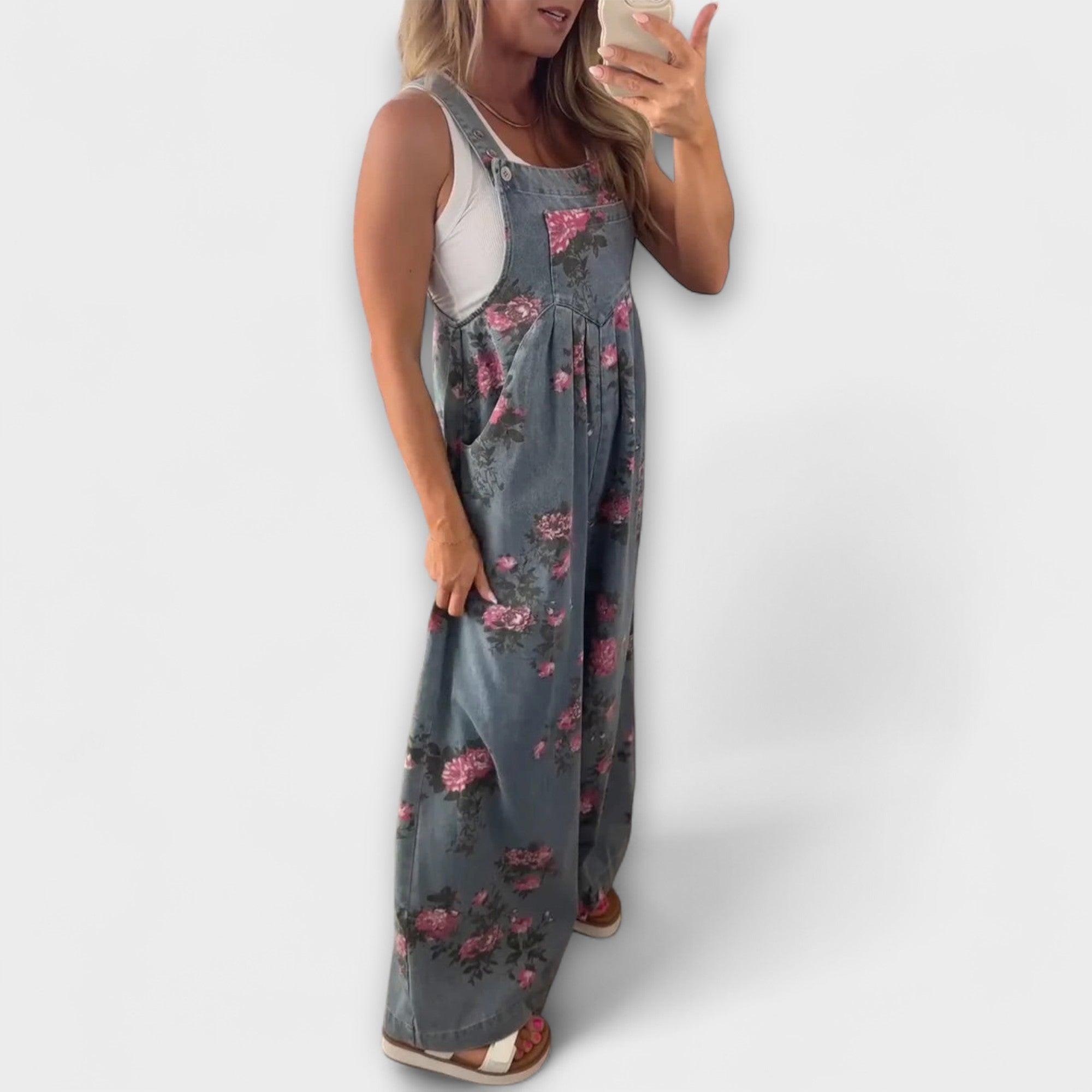 Bethany - Wide denim dungarees with floral pattern