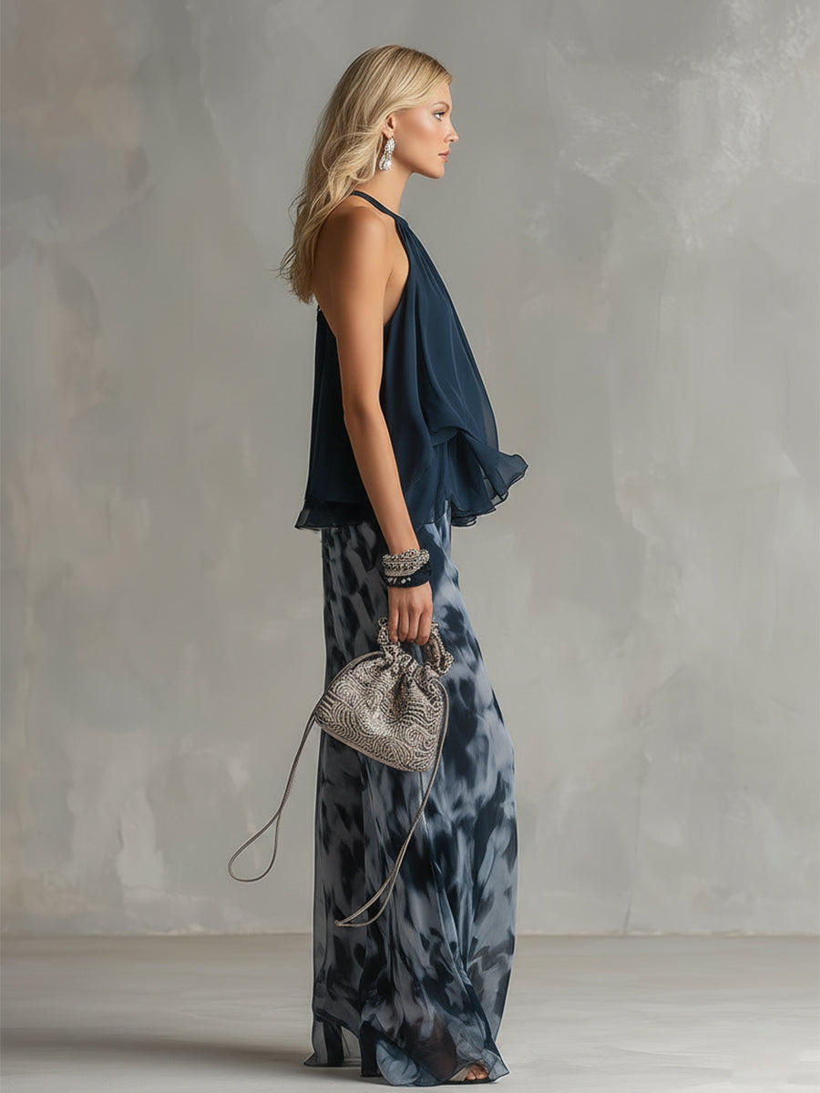 Ludovica - elegant i chiffon med højhalset top og vide printede bukser