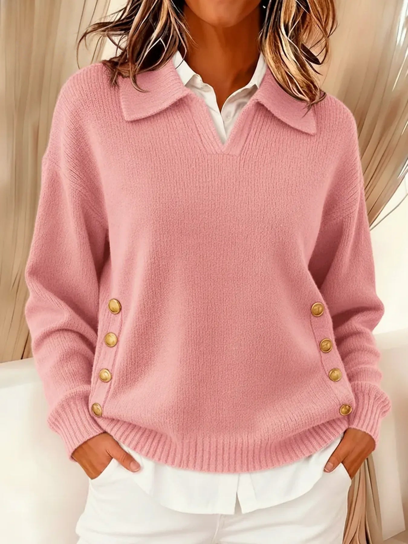 Lorayne | Knit Sweater with Pink Button Accents