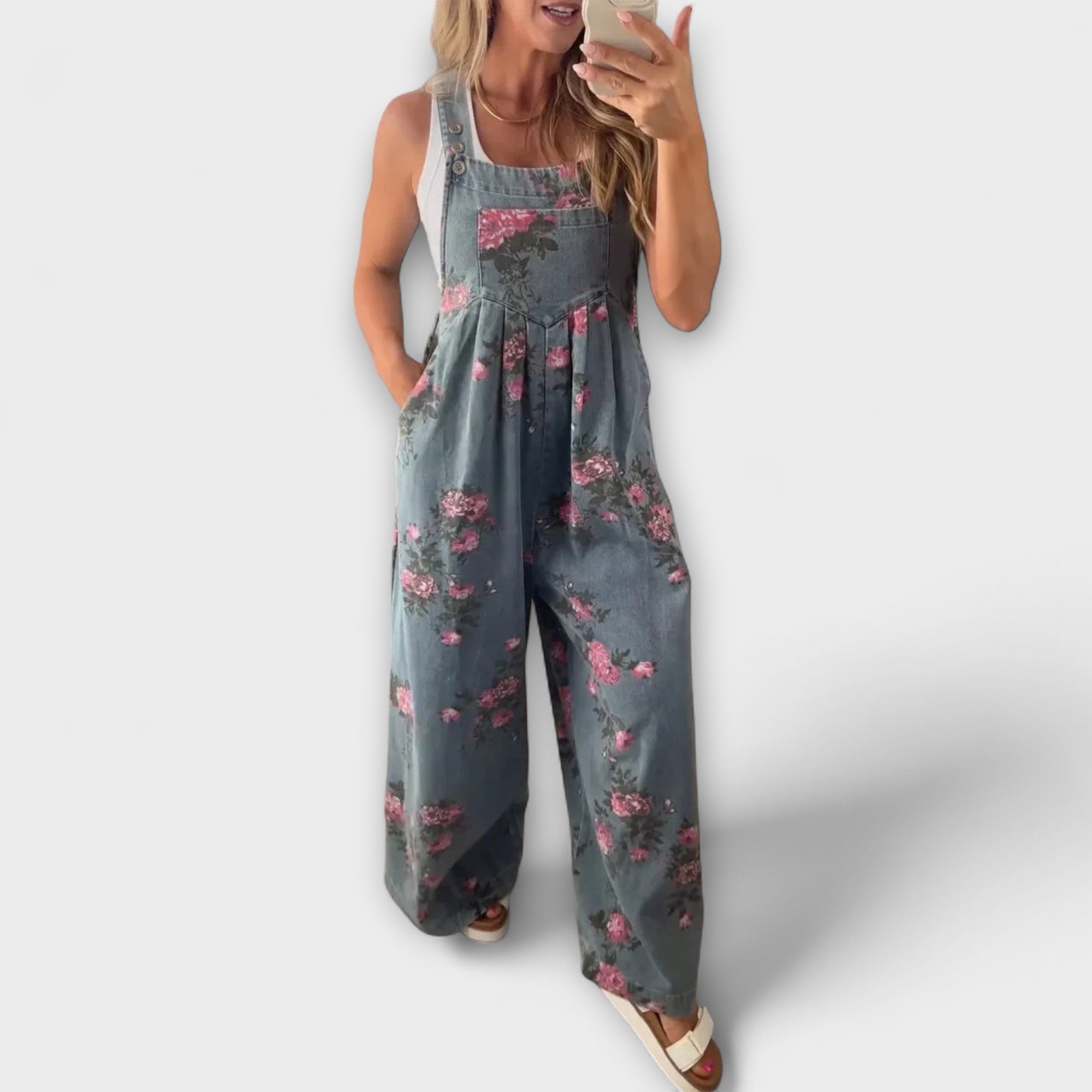 Bethany - Wide denim dungarees with floral pattern