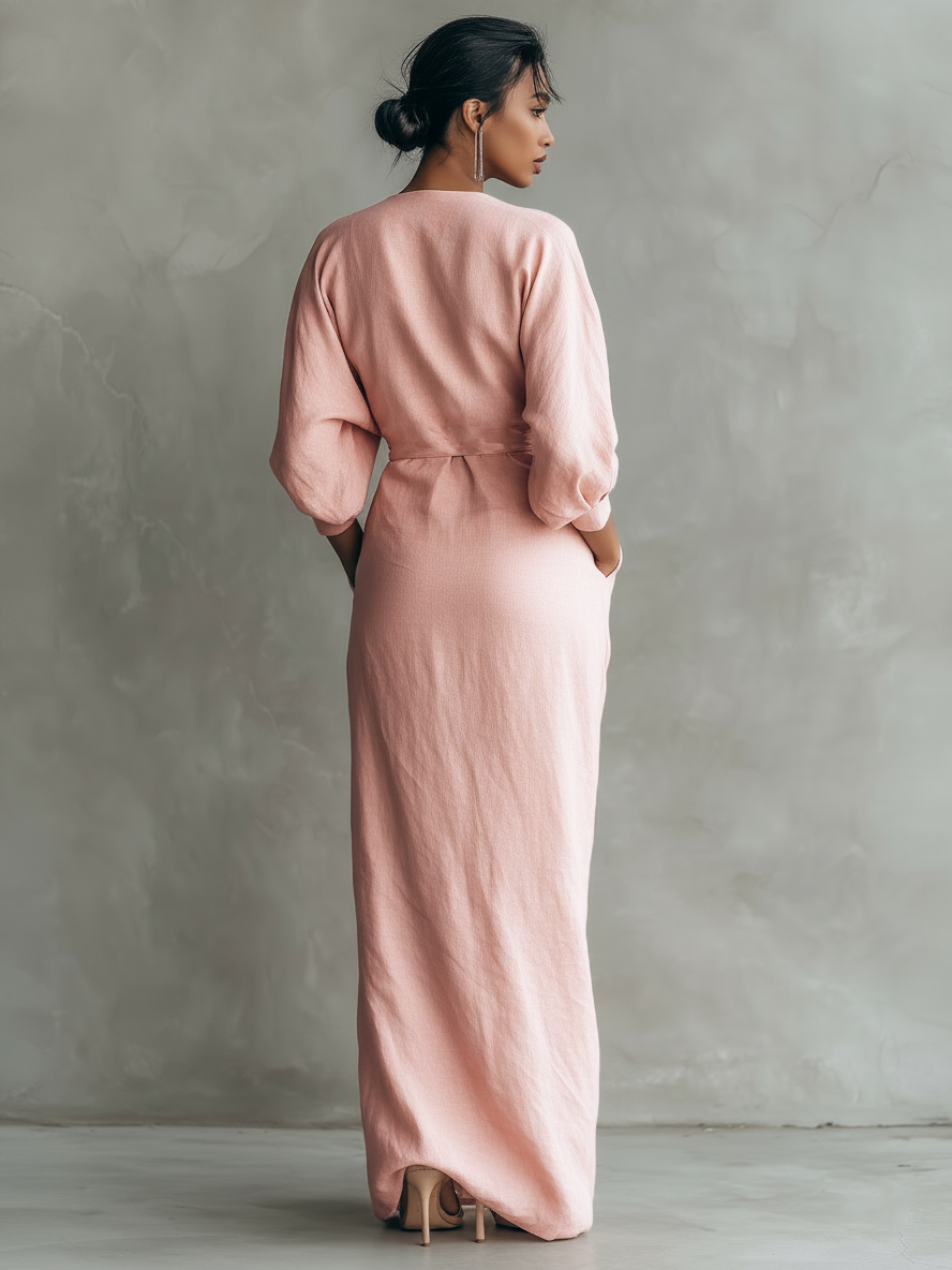 Pink minimalist maxikjole med V-udskæring i hør-blanding til kvinder