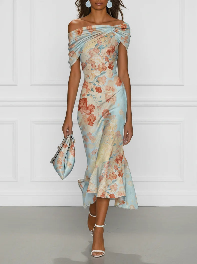 Vittoria - Ærmeløs Midi Havfruekjole med Off-Shoulder og Blåt Blomstermønster