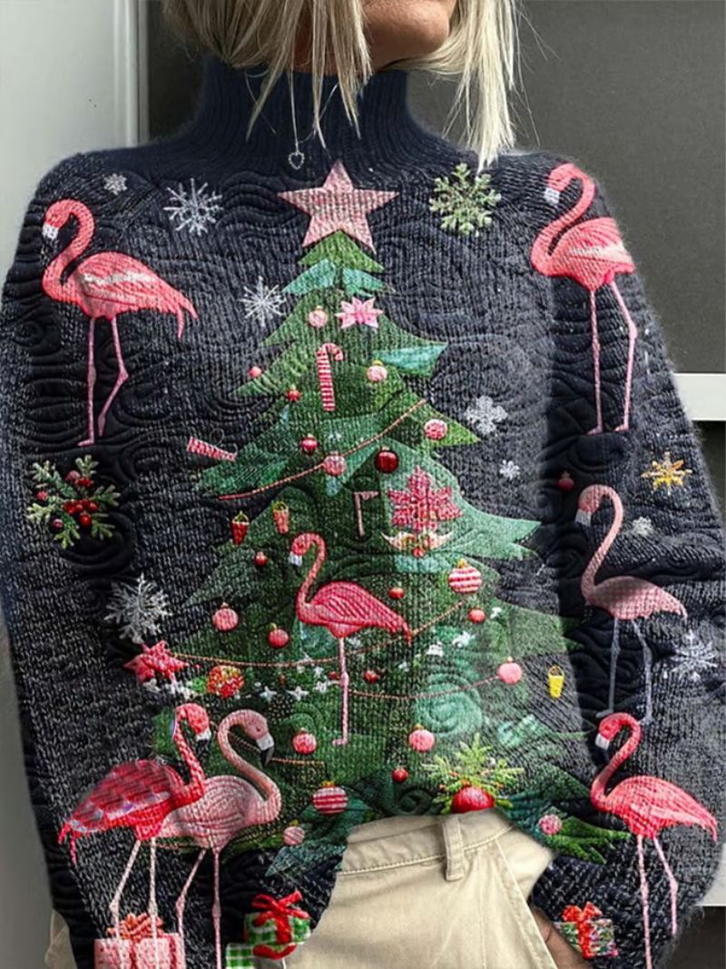 Mila - Christmas Sweater with Flamingos and Christmas Tree