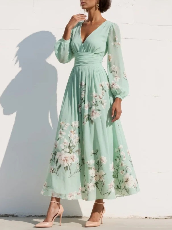 Mintgrøn chiffonplisseret maxikjole med blomsterprint til kvinder