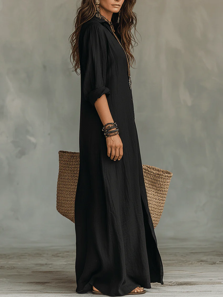 Soline™ | Black Wide Maxi Dress with Buttons