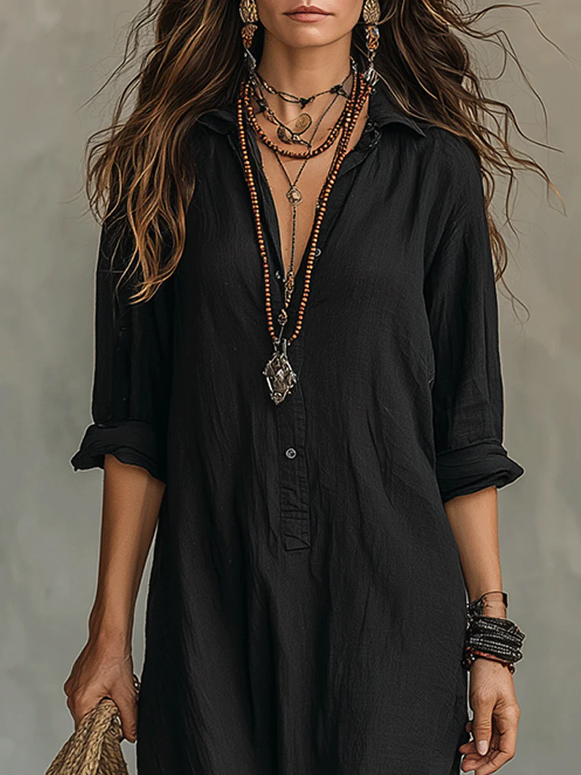 Soline™ | Black Wide Maxi Dress with Buttons