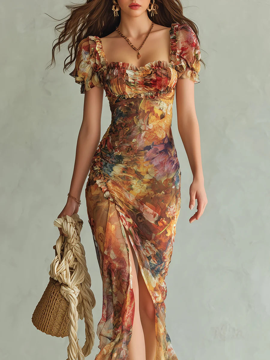 Viola - Lang orange chiffonkjole med boheme-oliemaleri-print