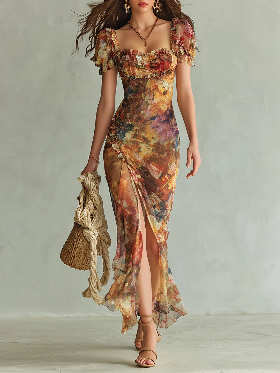 Viola - Lang orange chiffonkjole med boheme-oliemaleri-print