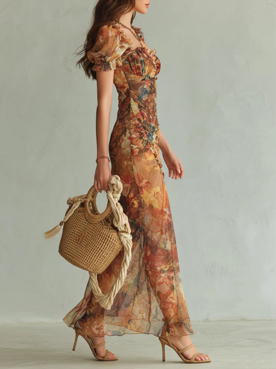 Viola - Lang orange chiffonkjole med boheme-oliemaleri-print